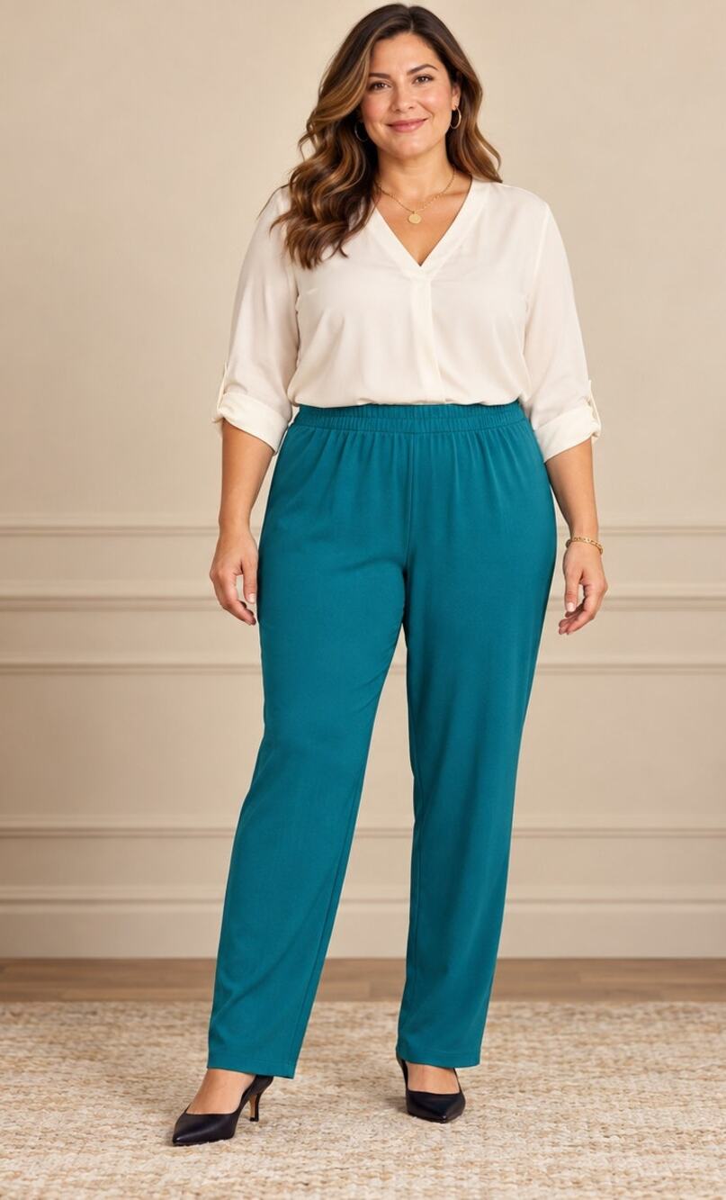 Susan Graver Essentials Liquid Knit Pants XL Teal Stretch Pull-On Straight Leg